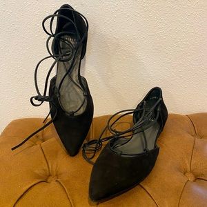 Stuart Weitzman Gilligan Black Suede Lace Up Pointed Toe Slip On Flats 10.5